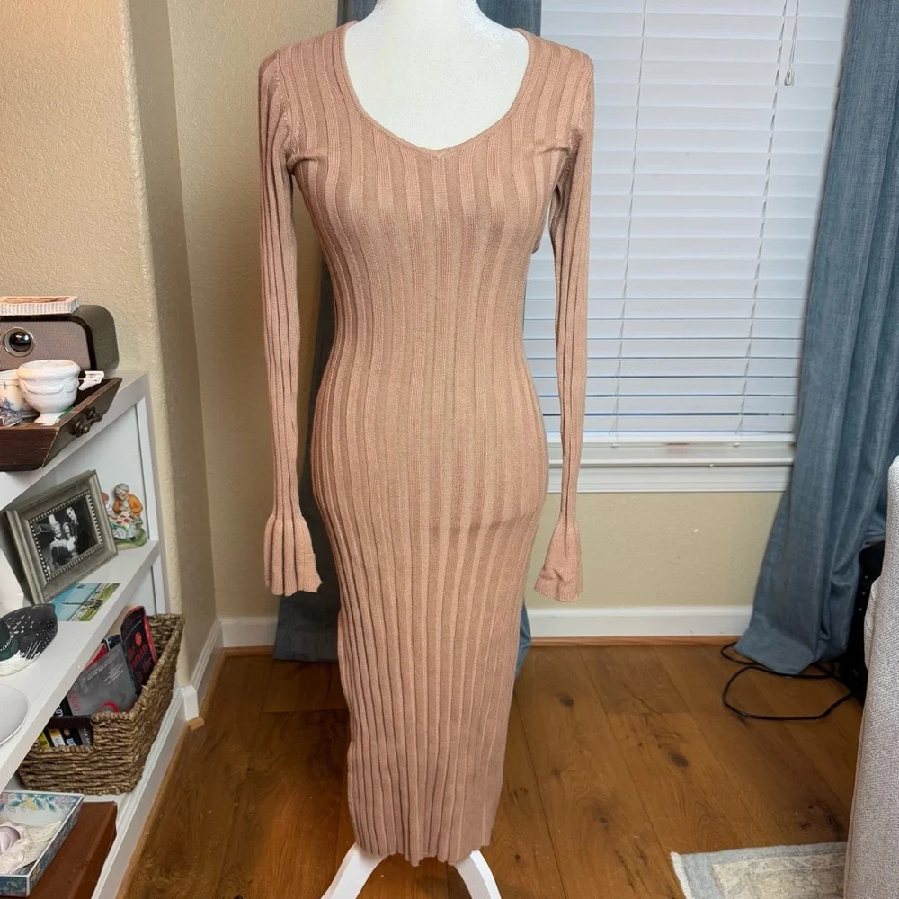 Rachel Parcell Wide Rib Midi Sweater Dress Flounce Sleeve Fitted Camel Sz S - Picture 5 of 12